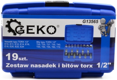 Sada nástrčných hlavic a bitů TORX 1/2", 19ks GEKO G13565
