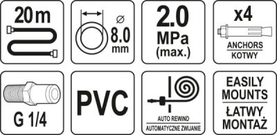 Pneumatická hadice 8mm x 20m na navijáku Yato YT-24244