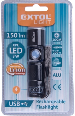 Svítilna 150lm, zoom, USB nabíjení, XPE 3W LED EXTOL LIGHT