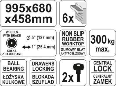 Yato YT-0913 dílenská servisní skříň se 6 zásuvkami, 995x680x458 mm, 300 kg