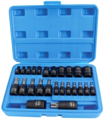 Zástrčné a nástrčné hlavice 1/4", 3/8" a 1/2” TORX a TORX-E, sada 25 ks - SATRA S-H2548T