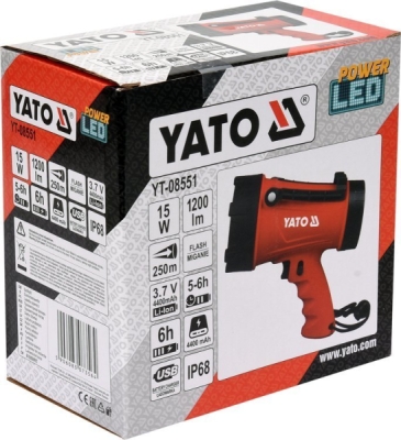 Lampa pistolová POWER LED, bezpřívodová, 3,7V Li-ion, dosvit 250m, 1200lm, IP68 Yato YT-08551