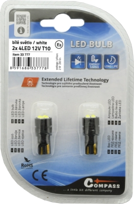 Compass žárovka 4LED 3030 12V T10 bílá 2ks
