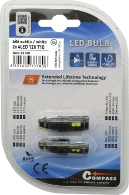 Compass žárovka 4LED 3030 12V T10 s rezistorem CAN-BUS ready bílá 2ks