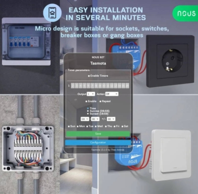 Nous B2T WiFi Tasmota Spínací Modul (1 kanál, měření spotřeby, ESP32)