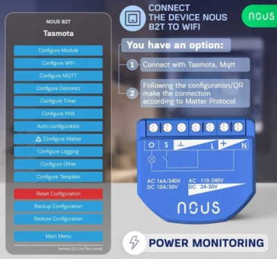 Nous B2T WiFi Tasmota Spínací Modul (1 kanál, měření spotřeby, ESP32)