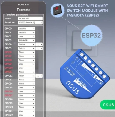 Nous B2T WiFi Tasmota Spínací Modul (1 kanál, měření spotřeby, ESP32)