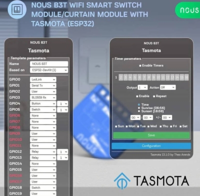 Nous B3T WiFi Tasmota Spínací Modul (2 kanály, měření spotřeby) / žaluziový Modul (1 kanál, ESP32)