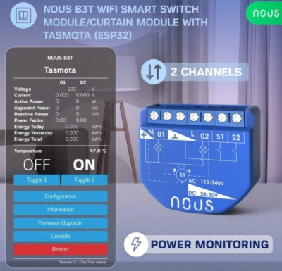 Nous B3T WiFi Tasmota Spínací Modul (2 kanály, měření spotřeby) / žaluziový Modul (1 kanál, ESP32)