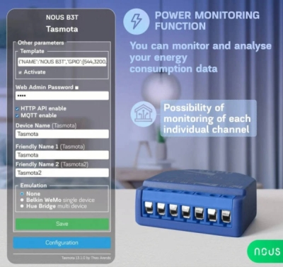 Nous B3T WiFi Tasmota Spínací Modul (2 kanály, měření spotřeby) / žaluziový Modul (1 kanál, ESP32)