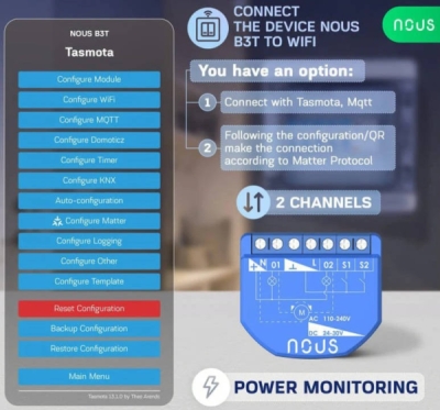 Nous B3T WiFi Tasmota Spínací Modul (2 kanály, měření spotřeby) / žaluziový Modul (1 kanál, ESP32)