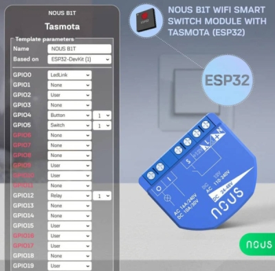 Nous B1T WiFi Tasmota Spínací Modul (1 kanál, bez měření spotřeby, ESP32)