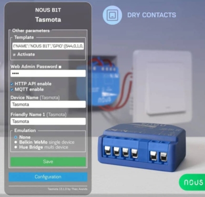Nous B1T WiFi Tasmota Spínací Modul (1 kanál, bez měření spotřeby, ESP32)