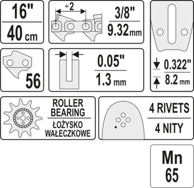 Vodící lišta pro řetězovou pilu 16" 3/8" 0,05" Yato YT-84935