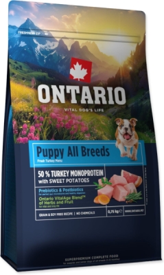 Krmivo Ontario Puppy & Junior All Breeds Monoprotein Turkey & Sweet Potatoes 0,75kg