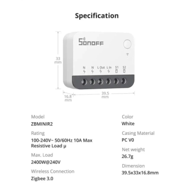 SONOFF ZBMINIR2 Extreme Zigbee Smart Spínač (Vyžaduje Neutrální Vodič)