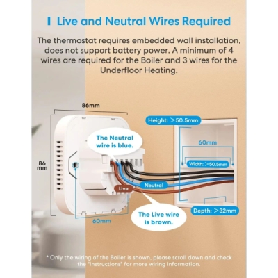 Meross Matter Smart Wi-Fi Termostat pro Kotel / Vodní Podlahové Topení, MTS215BMA, Bílý (EU verze)