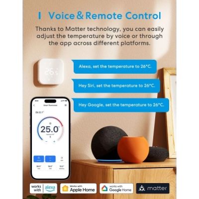 Meross Matter Smart Wi-Fi Termostat pro Kotel / Vodní Podlahové Topení, MTS215BMA, Bílý (EU verze)