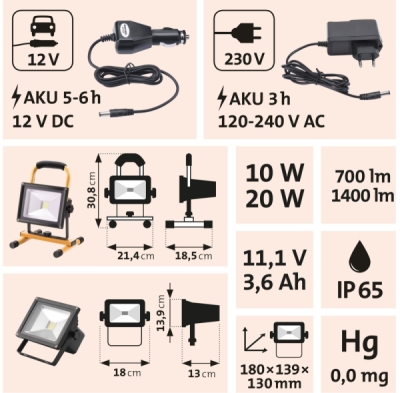 Reflektor LED, nabíjecí s podstavcem, 700/1400lm, Li-ion EXTOL LIGHT