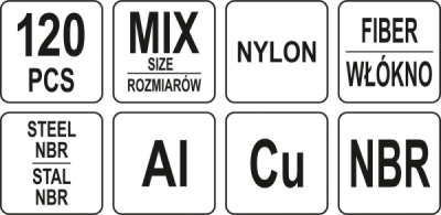 Yato podložky (Alu, Cu, Nylon, NBR, FIBER) sada 120ks - YT-068641