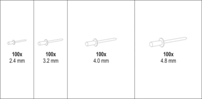 Yato nýt hliníkový sada 400ks (2,4, 3,2, 4,0, 4,8mm) - YT-36420