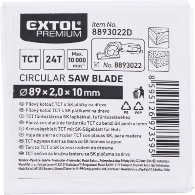 Kotouč pilový s SK plátky, ⌀89x1,0x10mm, 24T EXTOL PREMIUM