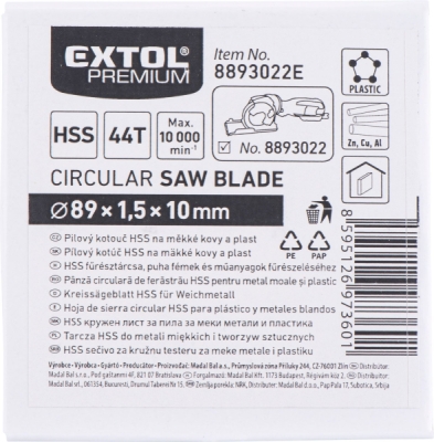 Kotouč pilový HSS, ⌀89x1x10mm, 44T EXTOL PREMIUM