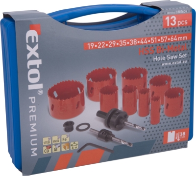 Vrtáky korunkové, univerzální, 9 průměrů ⌀19-64mm, HSS/Bi-metal EXTOL PREMIUM