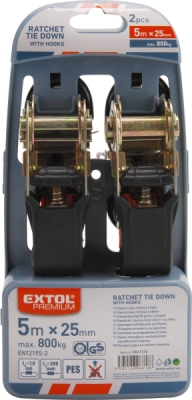 Pás upínací ráčnový s háky, 5m x 25mm, sada 2ks, max. 800kg EXTOL PREMIUM