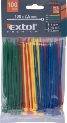 Pásky stahovací barevné, 100x2,5mm, 100ks, 4 barvy, nylon PA66 EXTOL PREMIUM