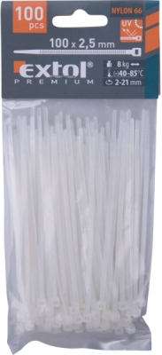 Pásky stahovací na kabely bílé, 100x2,5mm, 100ks, nylon PA66 EXTOL PREMIUM