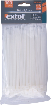 Pásky stahovací na kabely bílé, 140x3,6mm, 100ks, nylon PA66 EXTOL PREMIUM