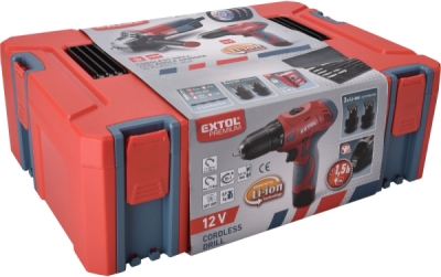 Vrtací šroubovák aku, 12V Li-ion (2x) a bruska úhlová 125mm v plastovém boxu EXTOL PREMIUM
