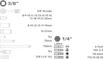 Sada nářadí 3/8"  EXTOL PREMIUM 39ks