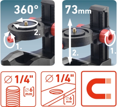 Držák-stativ nastavitelý, magnetický na laser/kameru, 1/4" šroub EXTOL PREMIUM