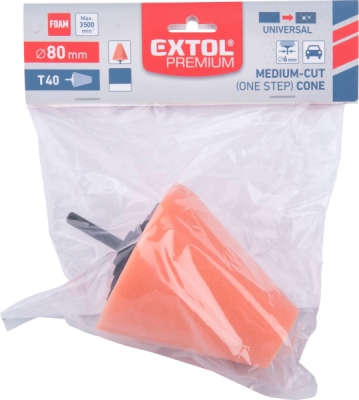 Kužel leštící pěnový, T40, oranžový, ⌀80mm, stopka 6mm EXTOL PREMIUM