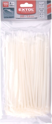 Pásky stahovací na kabely EXTRA, bílé, 205x3,6mm, 100ks, nylon PA66 EXTOL PREMIUM