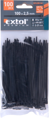 Pásky stahovací na kabely černé, 100x2,5mm, 100ks, nylon PA66 EXTOL PREMIUM