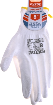 Rukavice z polyesteru polomáčené v PU, bílé, velikost 8" EXTOL PREMIUM