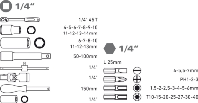 Sada nářadí 1/4" EXTOL Premium 45ks