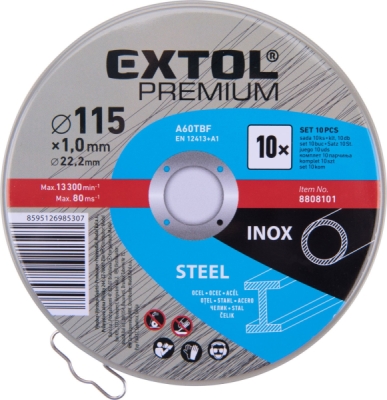 Kotouč řezný na ocel/nerez, 10ks, ⌀115x1,0x22,2mm EXTOL PREMIUM