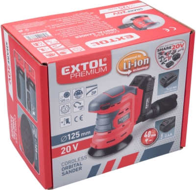 Bruska excentrická aku SHARE20V, 125mm, 20V Li-ion, 2000mAh EXTOL PREMIUM