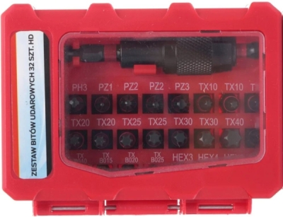 Úderové bity TORX, PZ1, HEX3, TX, sada 32 ks, TA1208