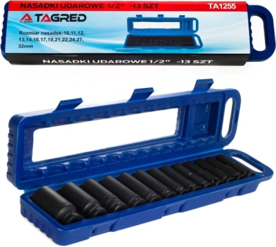 Tagred TA1255, Šestihranné nástrčné klíče dlouhé 78 mm, 1/2", 10 - 32 mm, sada 13 ks