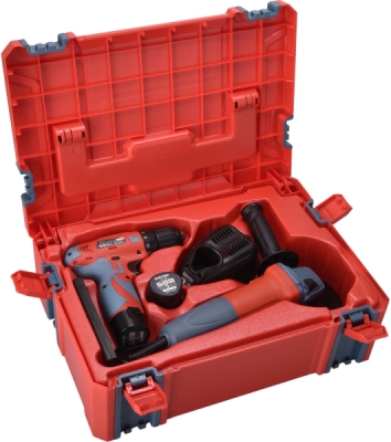 Vrtací šroubovák aku, 12V Li-ion (2x) a bruska úhlová 125mm v plastovém boxu EXTOL PREMIUM
