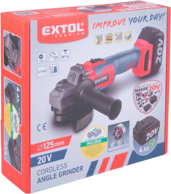 EXTOL PREMIUM uhlová brúska aku SHARE20V, 125mm, BRUSHLESS, 4Ah - 8891838