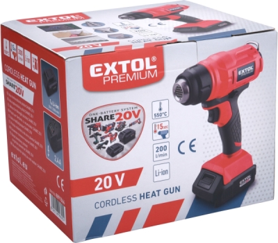 EXTOL PREMIUM pistole horkovzdušná aku SHARE20V, 550°C, 20V Li-ion, 2Ah - 8891866
