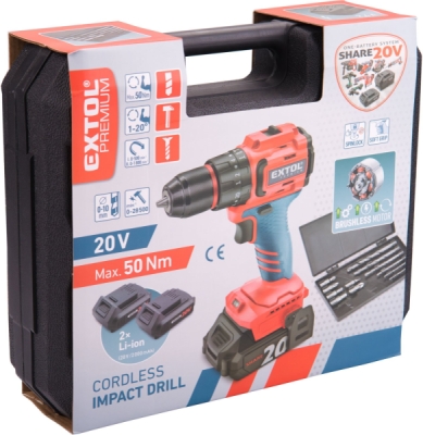 EXTOL PREMIUM vrtací šroubovák aku s příklepem SHARE20V, BRUSHLESS, 2Ah (2×) - 8891806