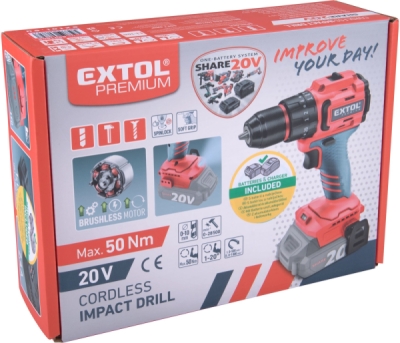 EXTOL PREMIUM vrtací šroubovák aku s příklepem SHARE20V, BRUSHLESS, 2Ah - 8891808