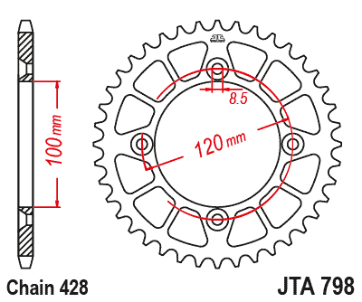 Hliníková řetězová rozeta JT JTA 798-46BLK 46 zubů, 428 černá